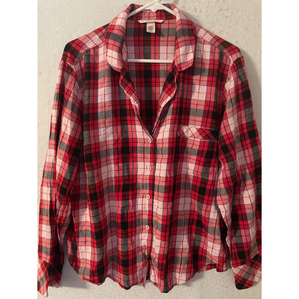 Victoria Secret Pajama Top Flannel Sleep Shirt L Pink Red Plaid Button Pocket